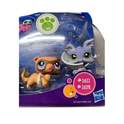 Littlest Pet Shop Purple Yorkie Dog 1611 and Masked Bandit Ferret 1612. New 2009