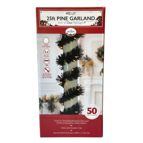 Pre-Lit 25 Ft Pine Garland with 50 Clear Mini Lights